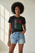 Load image into Gallery viewer, Black female model wearing MX22-JT tee with denim shorts

