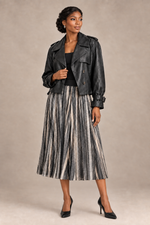 Load image into Gallery viewer, Model wearing the jacket and mid-calf skirt without a hat

