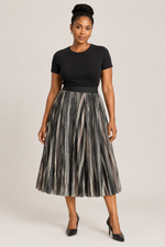 Load image into Gallery viewer, Patterned midcalf skirt on a model
