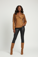 Load image into Gallery viewer, Tan fringe jacket zipped with open collar
